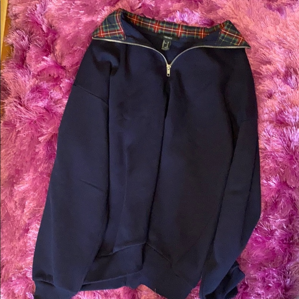 navy quarter zip jacket with tartan plaid collar
